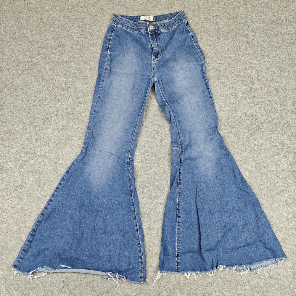 We The‎ Free Jeans Womens 24 Blue High Rise Extreme Flare Raw Hem Stretch Denim